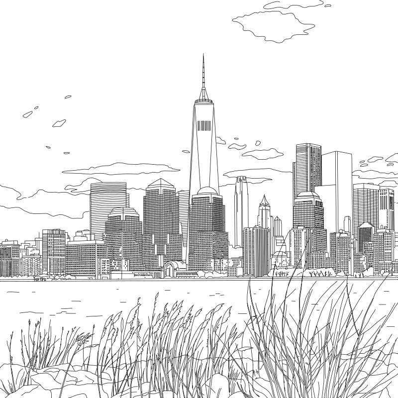 Lower Manhattan skyline vector line drawing, One World Trade Center spire, Financial District rooflines and foreground riverbank reeds.