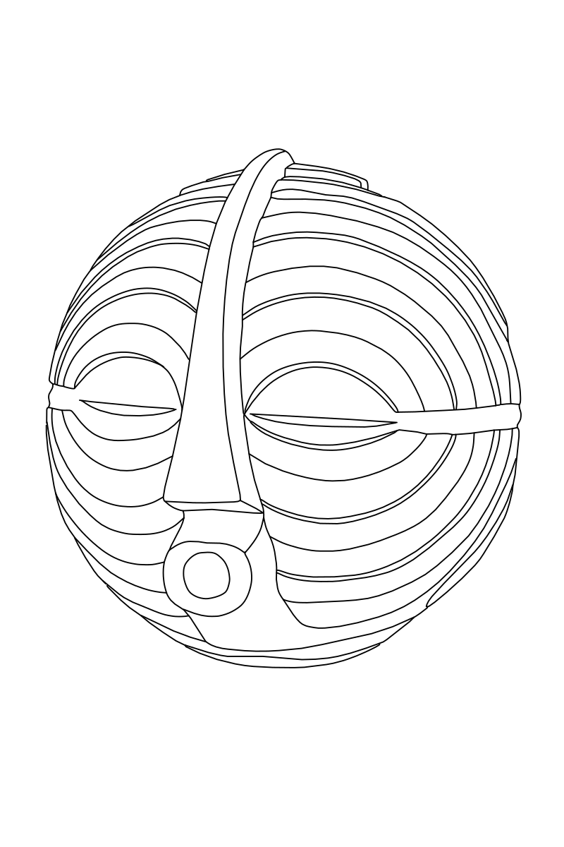 Luba Lukwakongo mask vector line drawing, spherical disc form with concentric banding, vertical nose ridge and almond eye apertures.