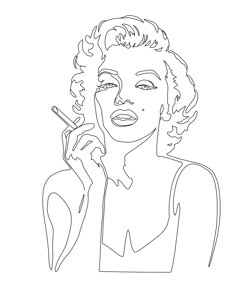 Marilyn Monroe portrait vector line drawing, curled hair, beauty mark, and hand holding a cigarette.