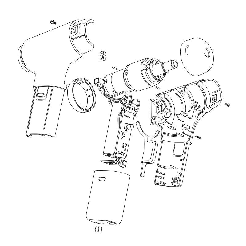 Massage gun exploded view vector line drawing, pistol-grip housing, motor assembly, battery cell, PCB and spherical head attachment.