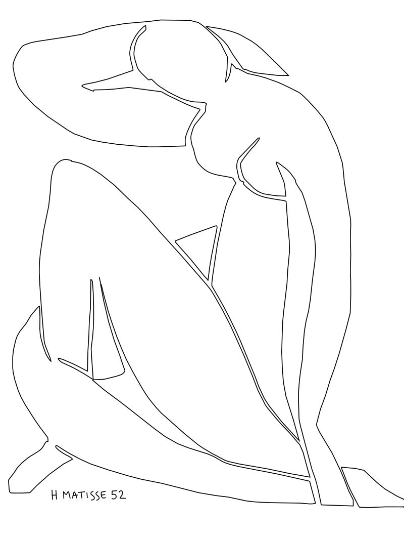 Matisse Blue Nude II vector line drawing, seated figure with arched back, raised arm and bent knee.