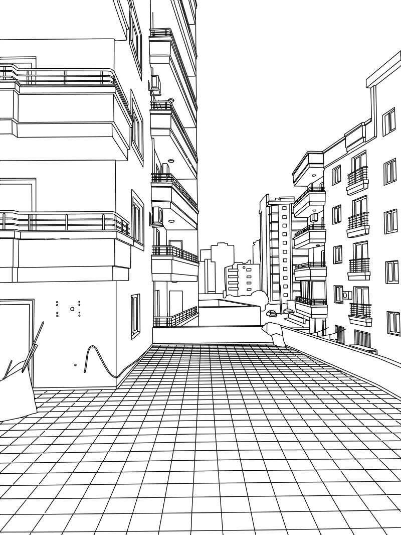 Vector line drawing of a Mediterranean apartment rooftop terrace, showing tiled floor in perspective, flanking balconied facades, and a distant urban skyline.