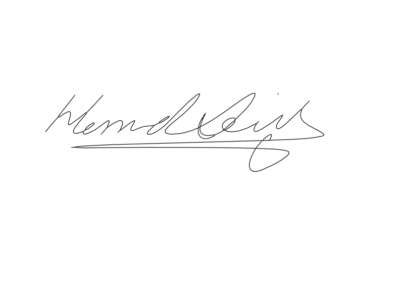 Memd cursive signature vector line drawing, connected script with extended underline flourish and closed oval loop tail.