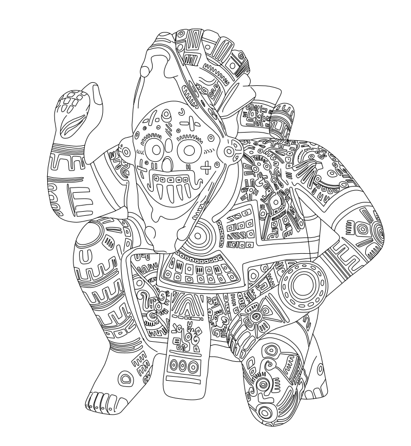 Mesoamerican ceramic deity figure vector line drawing, crouching posture, elaborate headdress, open-mouthed mask and glyph-covered limbs.