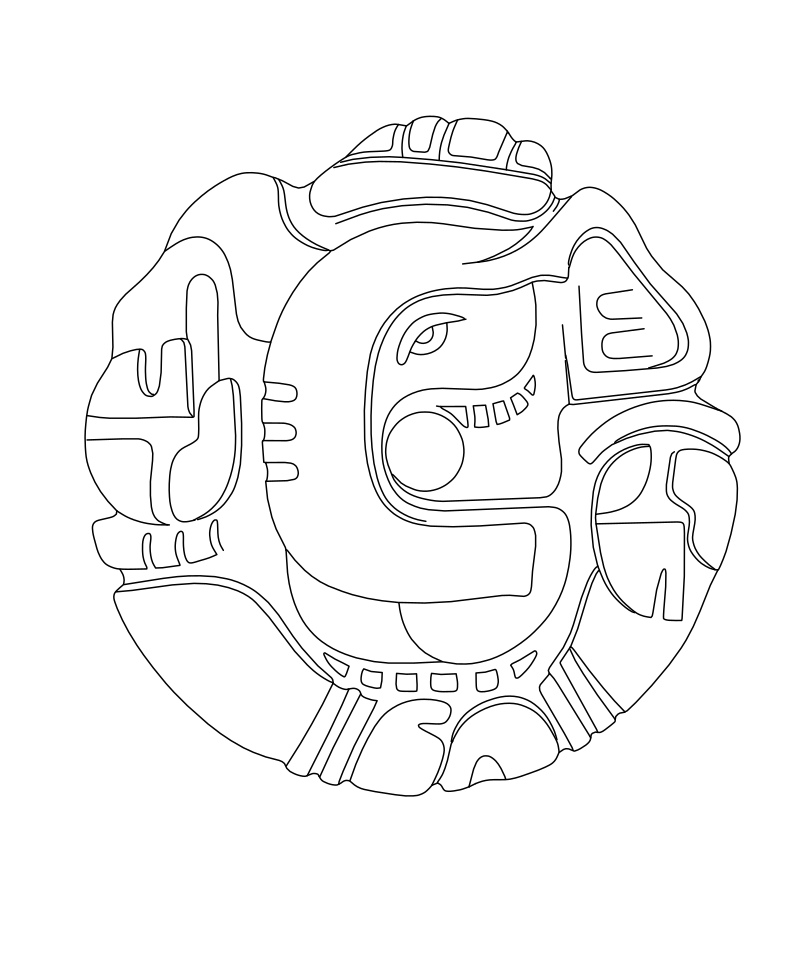 Mesoamerican glyph medallion vector line drawing, central deity face with bared teeth and circular nose, scrollwork cartouches and segmented collar border.