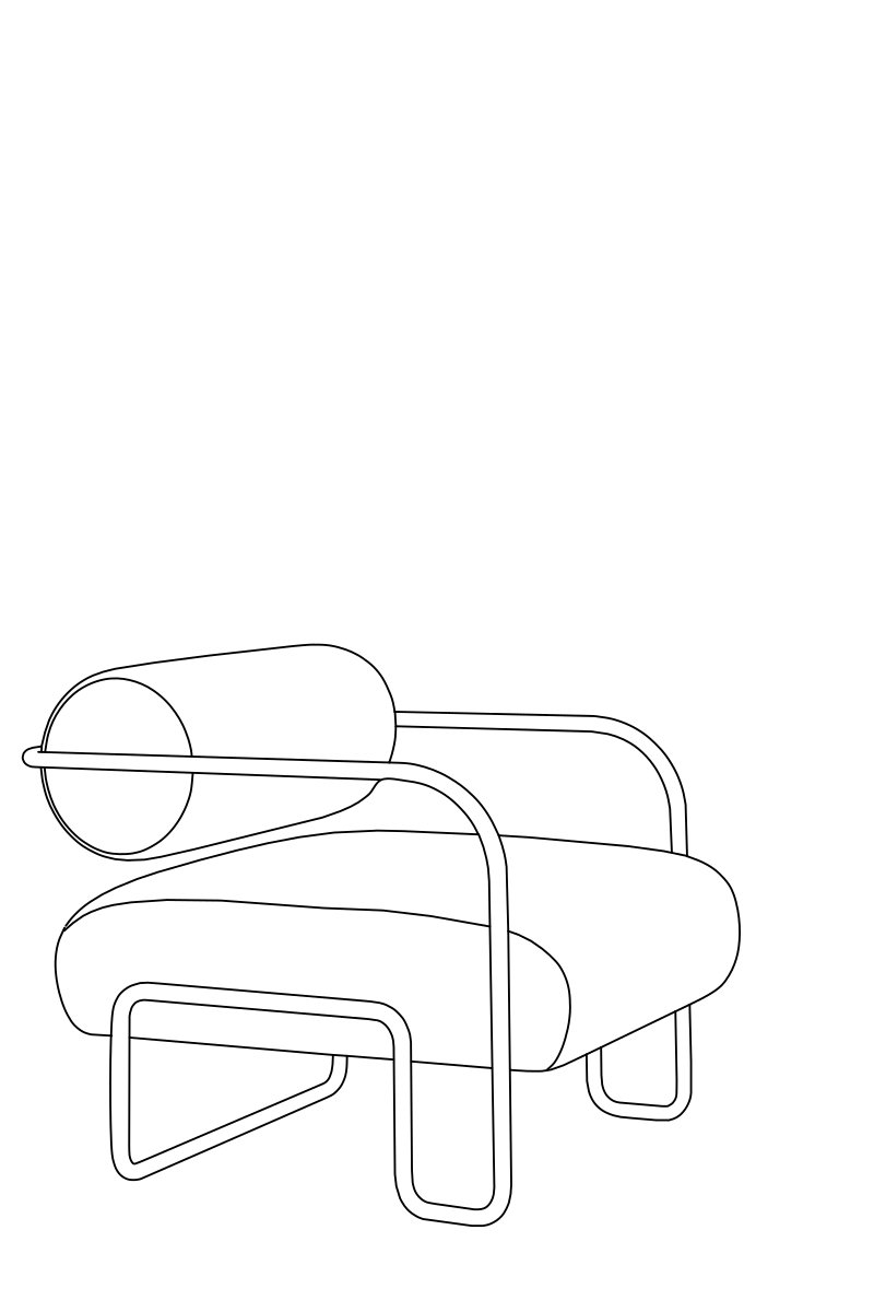 Mid-century modern lounge chair vector line drawing, cylindrical bolster backrest, arching tubular armrests and U-shaped sled base.