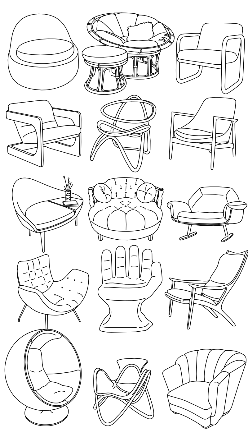 Mid-century modern chair collection vector line drawing, papasan, ball chair, hand chair, butterfly chair and lounge forms.