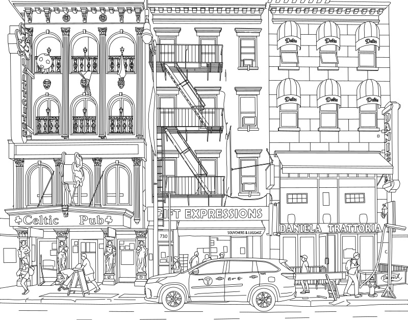 Midtown Manhattan shopfronts vector line drawing, Beaux-Arts facade, arched windows with ironwork balconies, fire escape and street-level signage.