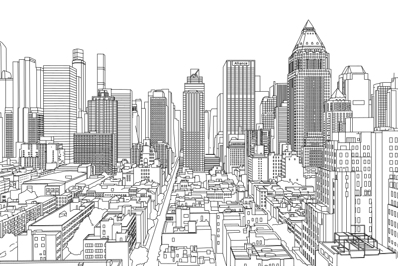 Vector line drawing of the Midtown Manhattan skyline, showing dense tower blocks, a central avenue perspective, pyramidal crown and mid-rise foreground buildings.