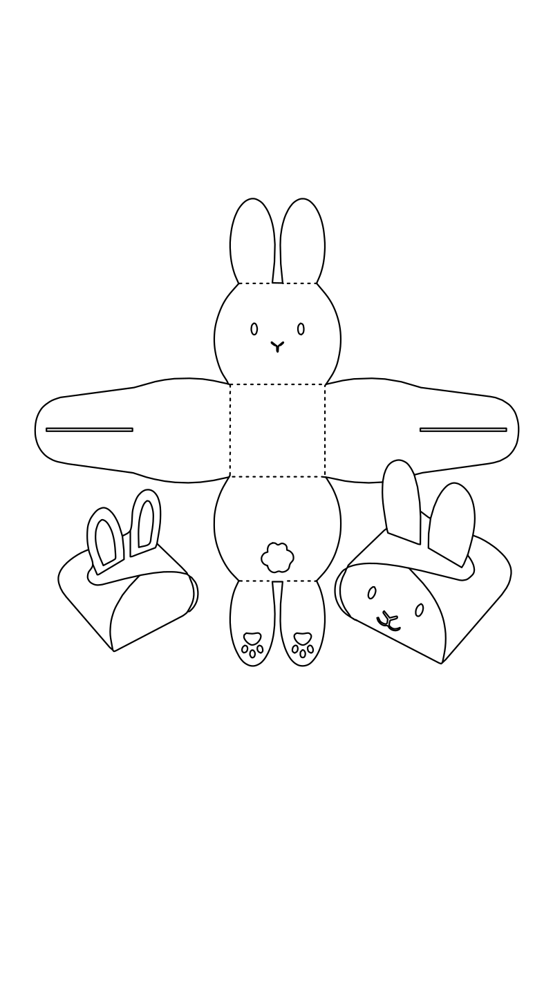 Miffy bunny gift box vector line drawing, flat box net with fold lines, tuck flaps and two small bunny face lid nets.