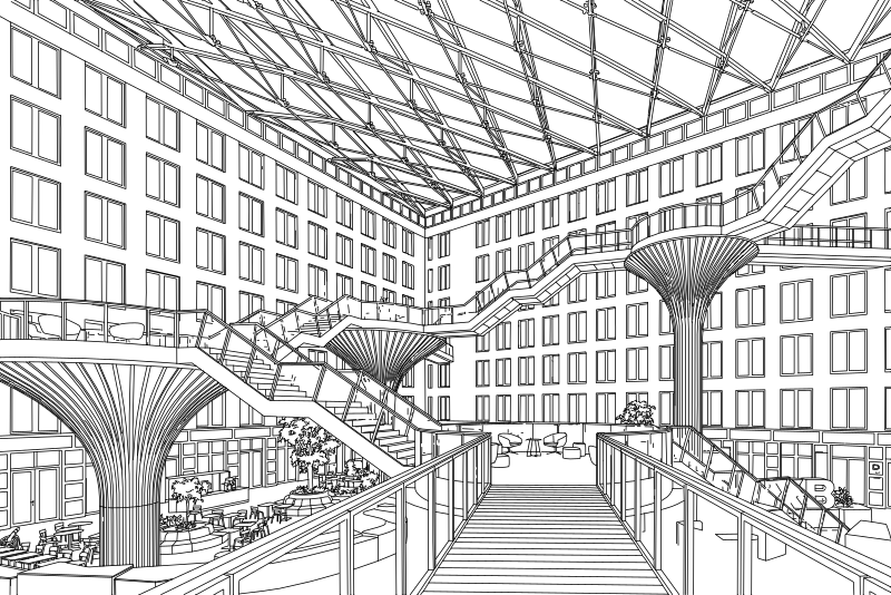 Modern office building atrium interior vector line drawing, tree-form structural columns, glazed barrel-vault roof and bridged staircase.