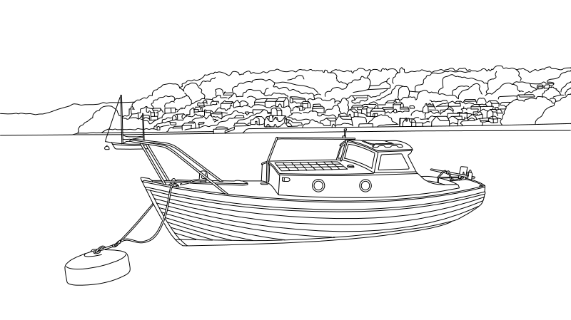 Vector line drawing of a classic timber motor launch moored to a buoy, showing lapstrake hull planking, enclosed wheelhouse, porthole windows and mooring chain.