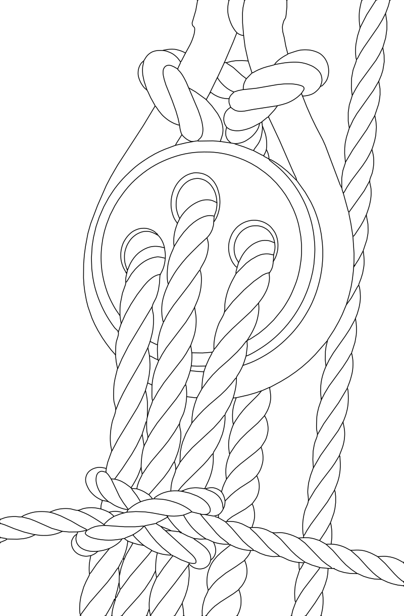 Nautical rope block and tackle vector line drawing, circular wooden block, three-strand rope channels and knotted lashings.