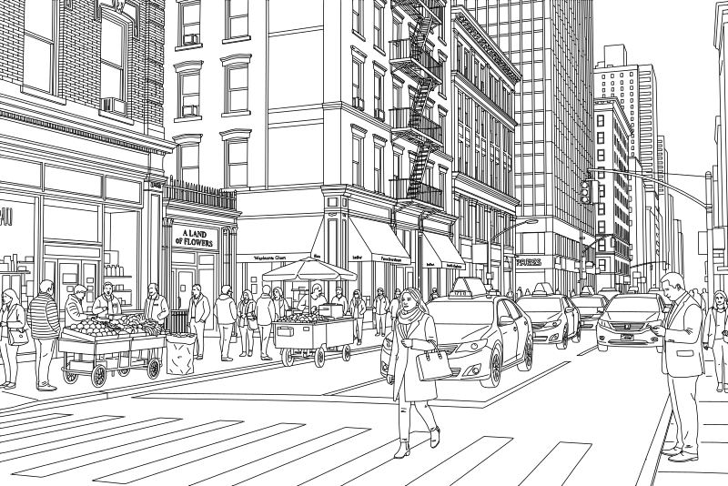 New York City street scene vector line drawing, pedestrians on crosswalk, vendor carts, brick buildings with fire escapes and storefronts.