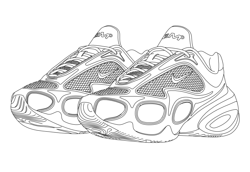 Nike Air Max DN sneaker vector line drawing, segmented air pod midsole, mesh upper paneling and Swoosh logo.