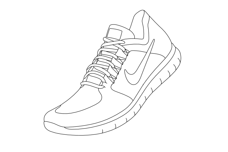 Vector line drawing of a Nike Free RN Flyknit running shoe, showing the swoosh logo, knit upper, lace eyelets, and segmented sole.