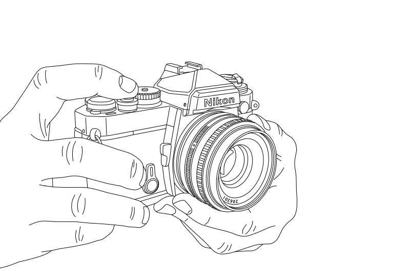 Nikon SLR camera vector line drawing, lens barrel with focus ring, pentaprism viewfinder and top-plate control dials.