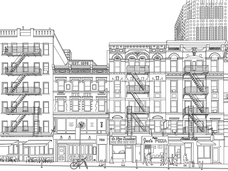 NYC Lower Manhattan shopfronts vector line drawing, multi-story tenement facades with fire escapes, arched windows and decorative cornicing.