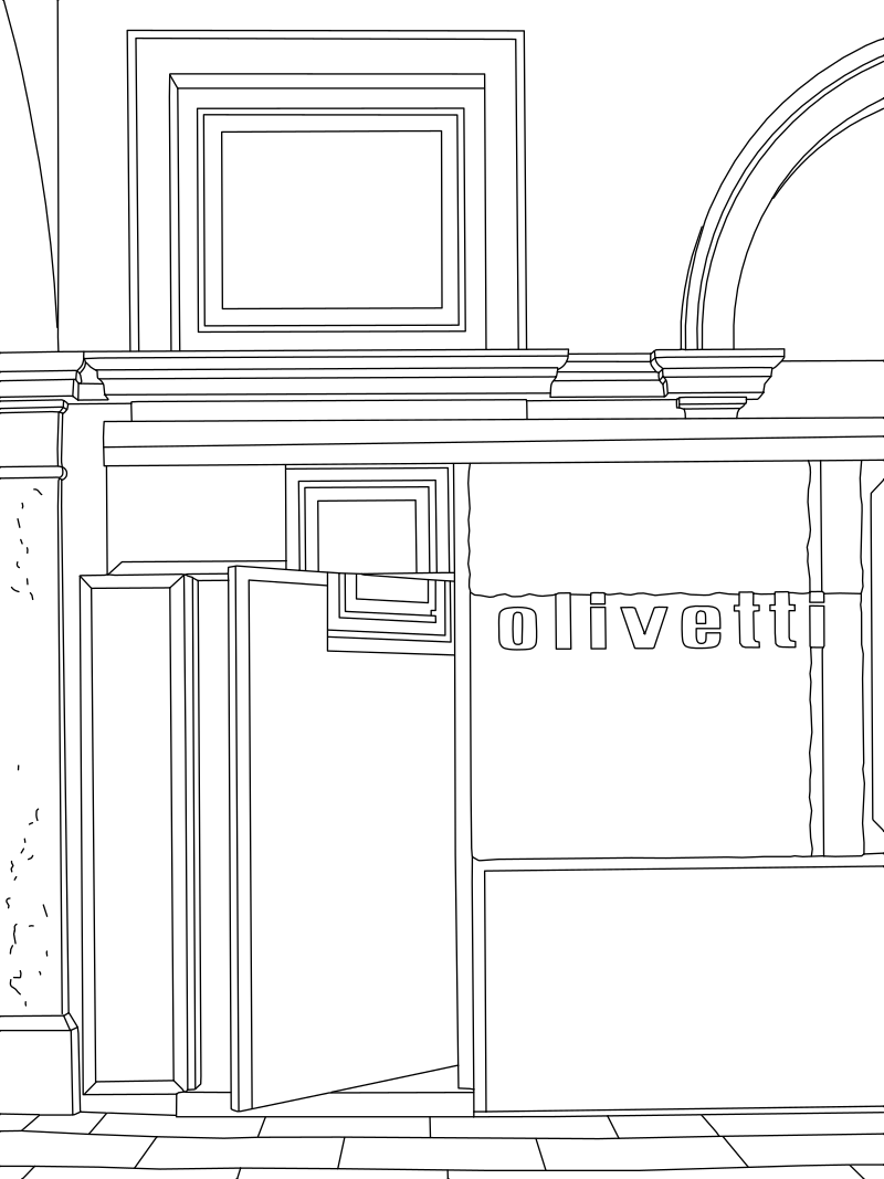 Olivetti Showroom Venice vector line drawing, pivoting entrance door panel, layered display niches, horizontal fascia and raised lettering.