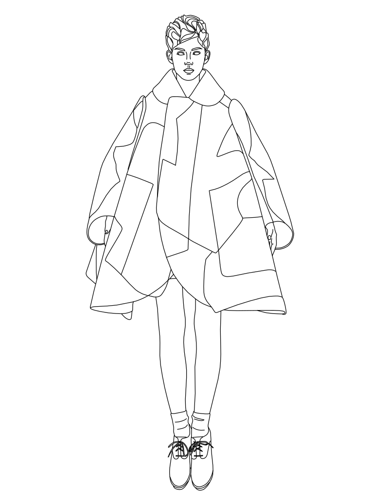 Oversized cape coat fashion vector line drawing, wide rounded collar, draped body panels and lace-up ankle boots.