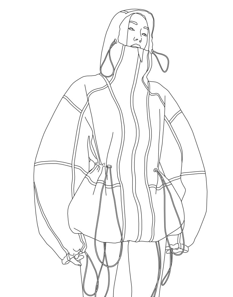 Oversized hooded jacket vector line drawing, balloon sleeves, cinched waist drawstring and dangling cord pulls throughout.