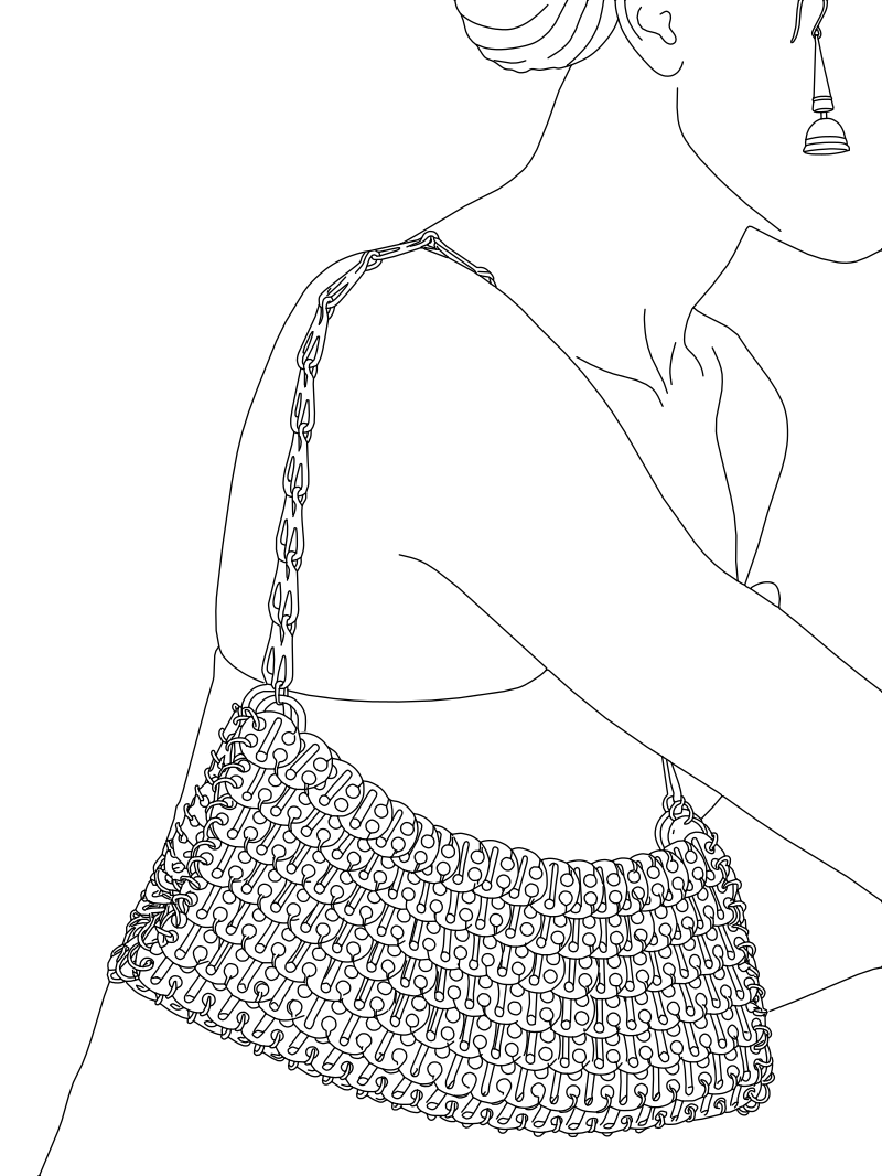 Paco Rabanne 1969 chain mail bag vector line drawing, scalloped disc rows, connector rings and articulated chain strap.