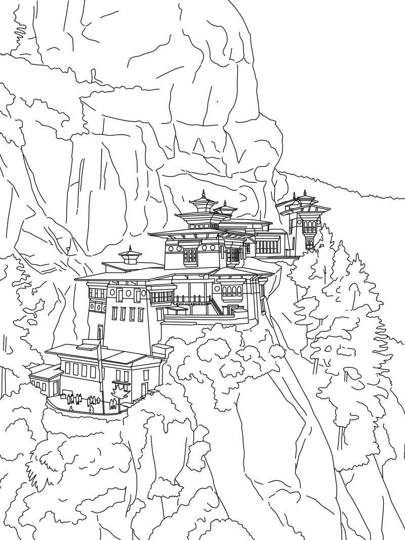 Paro Taktsang Tiger's Nest Monastery vector line drawing, tiered pagoda rooflines, cliff-face temple buildings and conifer treeline.