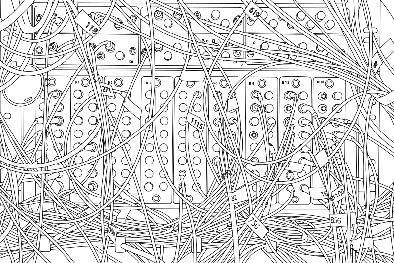 Patch panel cable management vector line drawing, numbered cable runs, labeled tie-point tags and grid of circular terminal ports.