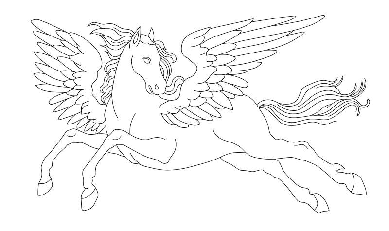 Pegasus winged horse vector line drawing, wings fully extended with detailed feathers, arched neck and galloping legs.