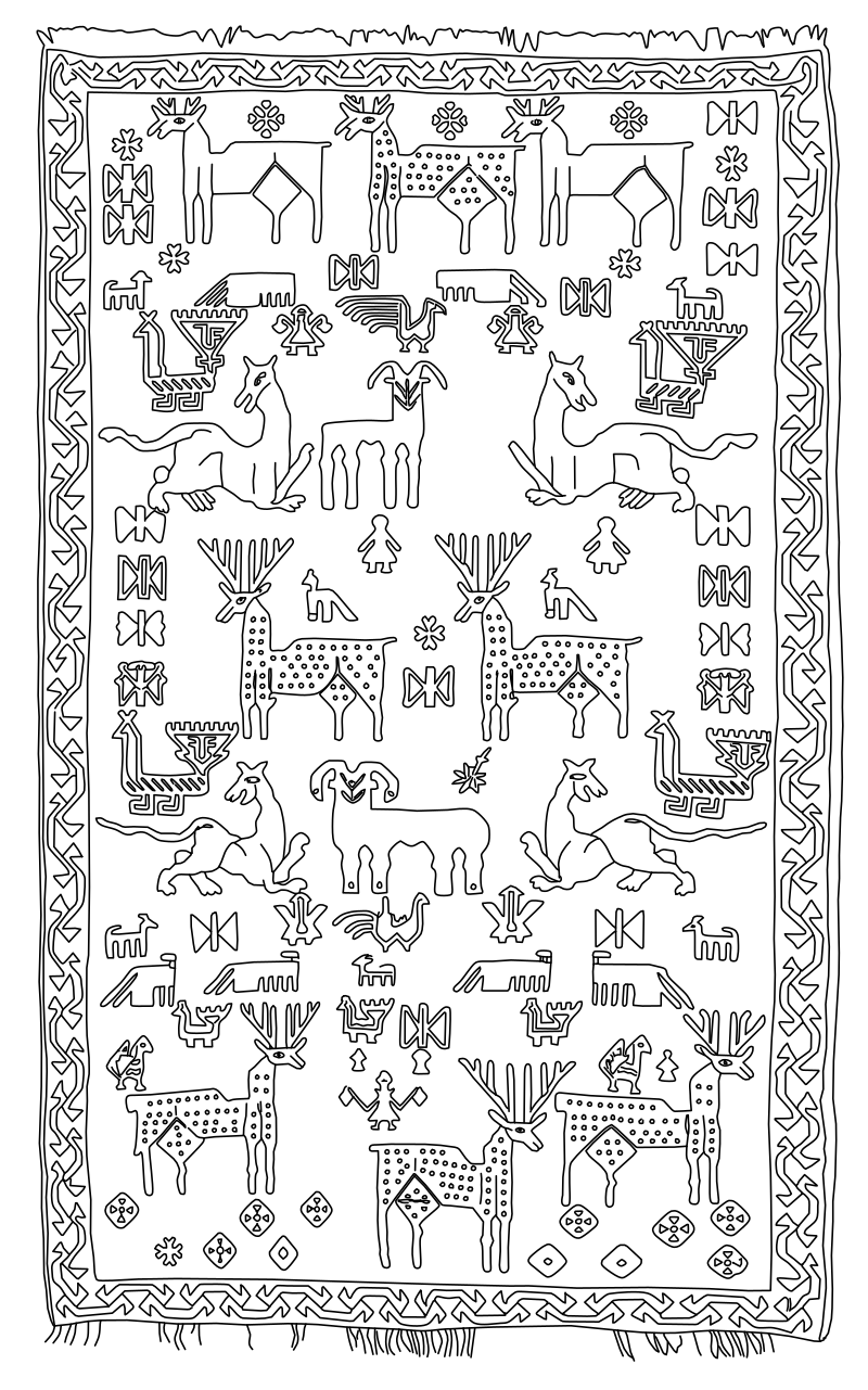 Persian Gabbeh animal rug vector line drawing, stylized deer with antlers, horses, camels and geometric border motifs.