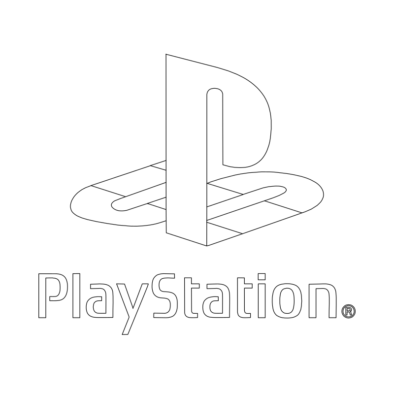 PlayStation logo vector line drawing, interlocking P and S letterforms with orbital band and wordmark below.