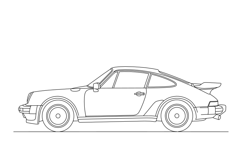 Porsche 911 Turbo 930 vector line drawing, whale-tail rear spoiler, wide rear fenders and five-spoke wheels.