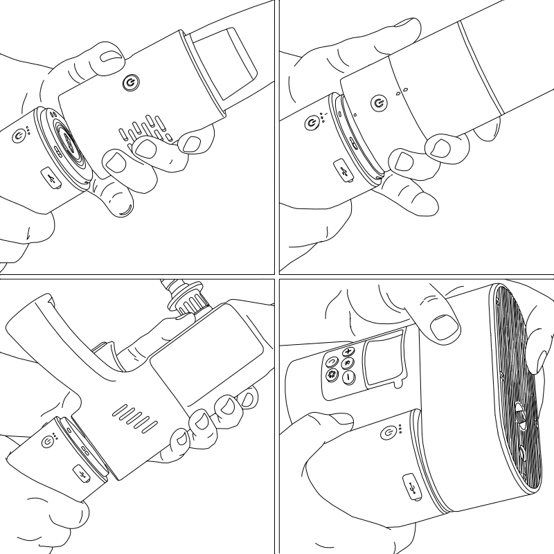 Portable handheld vacuum air pump vector line drawing, cylindrical body, vented panel, control buttons and nozzle attachments shown in four orientations.