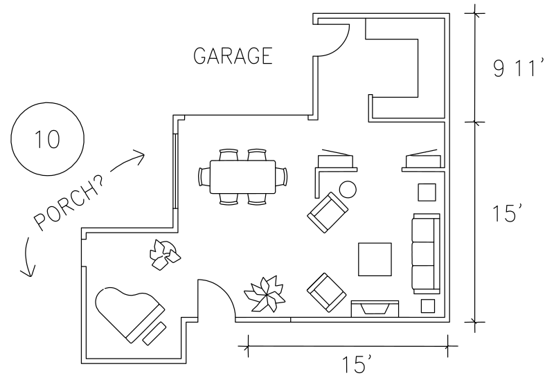Vector line drawing of Residential Floor Plan with Living, Dining, and Garage