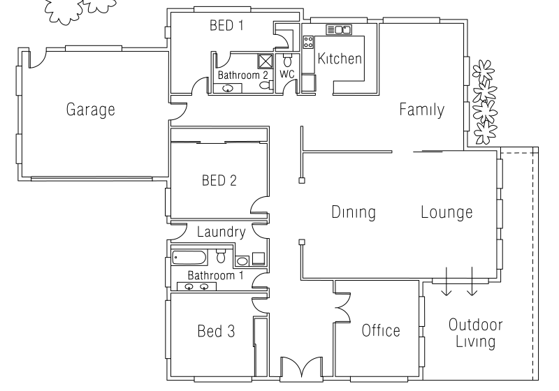 Residential house floor plan vector line drawing, three bedrooms, room boundaries, doorway swings and labeled fixtures, for CAD reference.