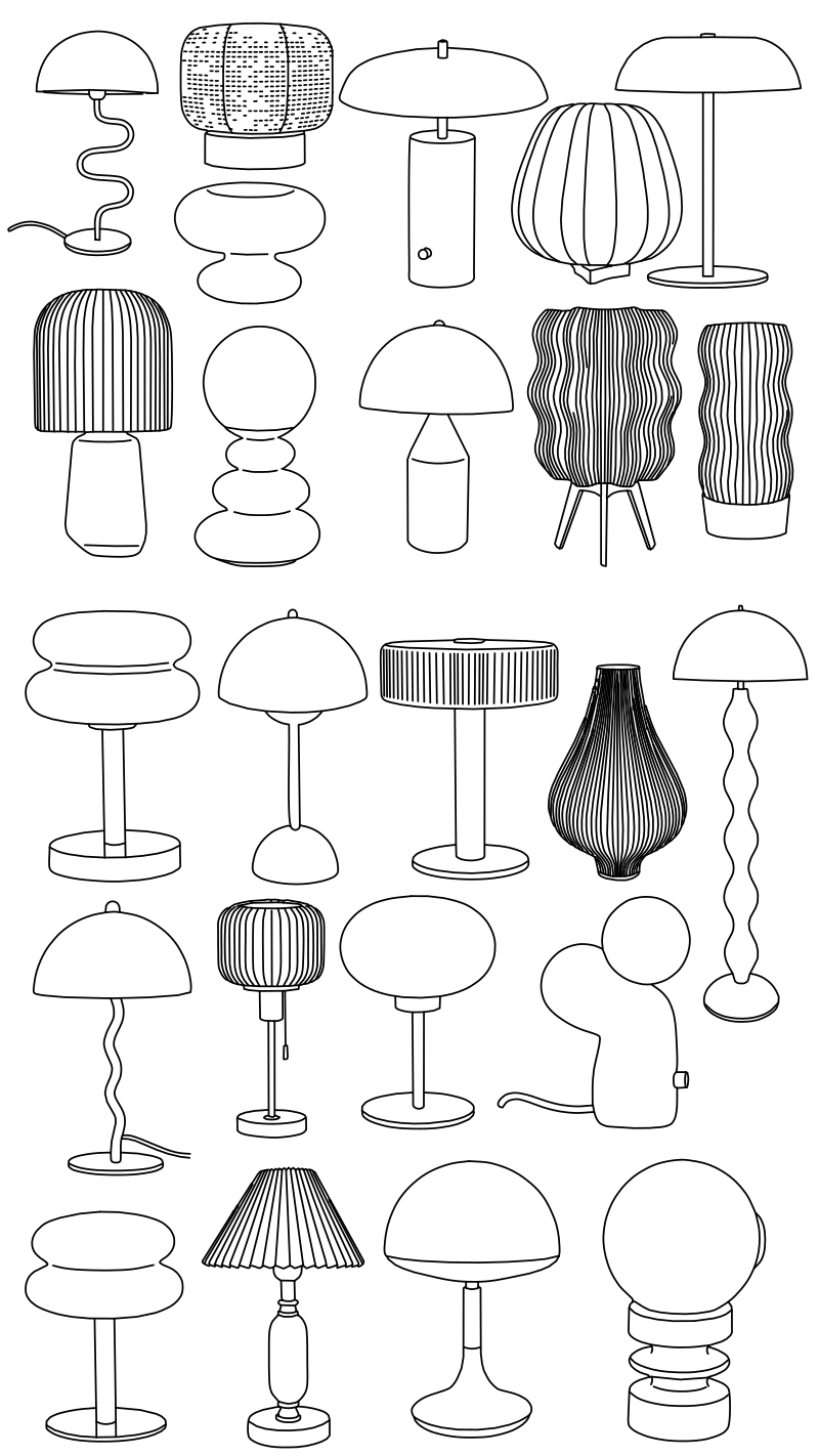 Retro table lamp collection vector line drawing, mushroom dome shades, ribbed glass forms, stacked pebble bases and serpentine cord stems.