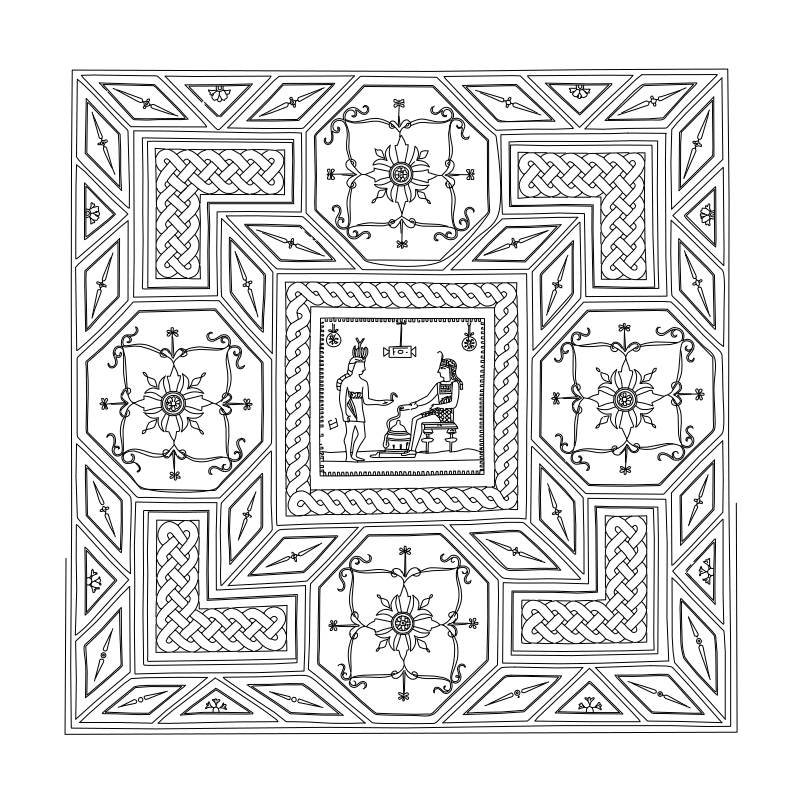 Line drawing of a Roman mosaic floor with guilloche borders, octagons, rosettes and a central figured panel