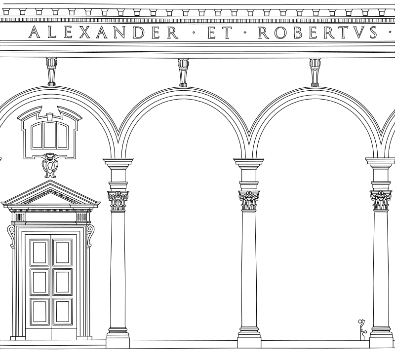 Elevation line drawing of three bays of the Renaissance portico of Santissima Annunziata, Florence, with its arches, columns, pedimented door and inscription