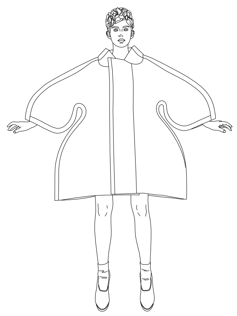 Sculptural oversized coat vector line drawing, bat-wing sleeves, Peter Pan collar and flared A-line hem, front-view fashion flat.