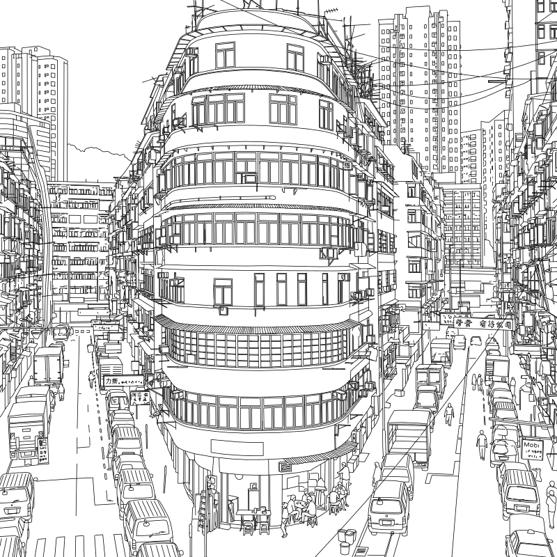Sham Shui Po corner tenement vector line drawing, tapered oval form, horizontal banded balcony tiers and rooftop antenna clusters.