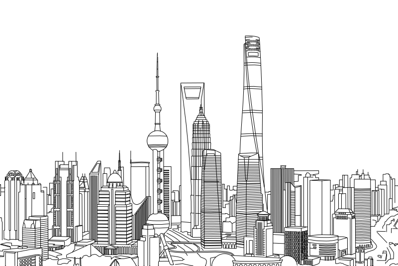 Vector line drawing of the Shanghai Pudong skyline, showing the Oriental Pearl Tower, Shanghai World Financial Center, and the tapered spiral of Shanghai Tower.
