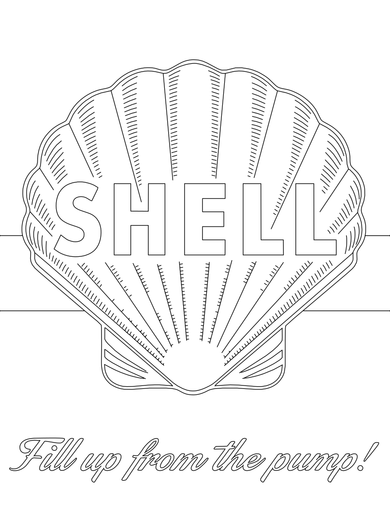 Shell vintage gas station sign vector line drawing, scallop shell with radiating ribs, block lettering and Fill up from the pump tagline.