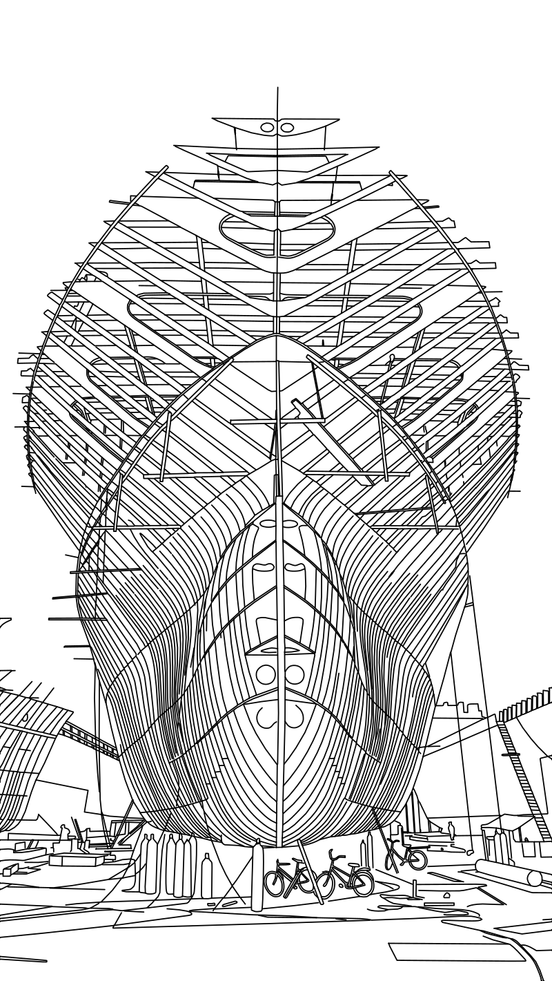 Ship hull under construction vector line drawing, bulbous bow, curved hull plating ribs and skeletal deck framework visible from bow-on view.