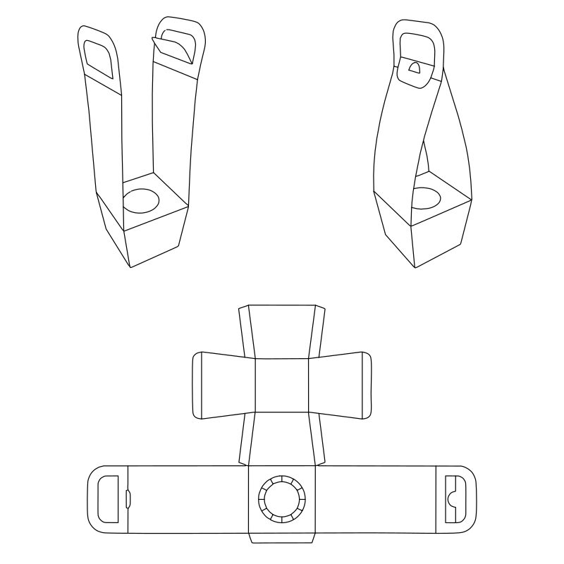 Single cup carrier box vector line drawing, cross-shaped base flaps, handle strip with circular cup aperture and locking tabs.