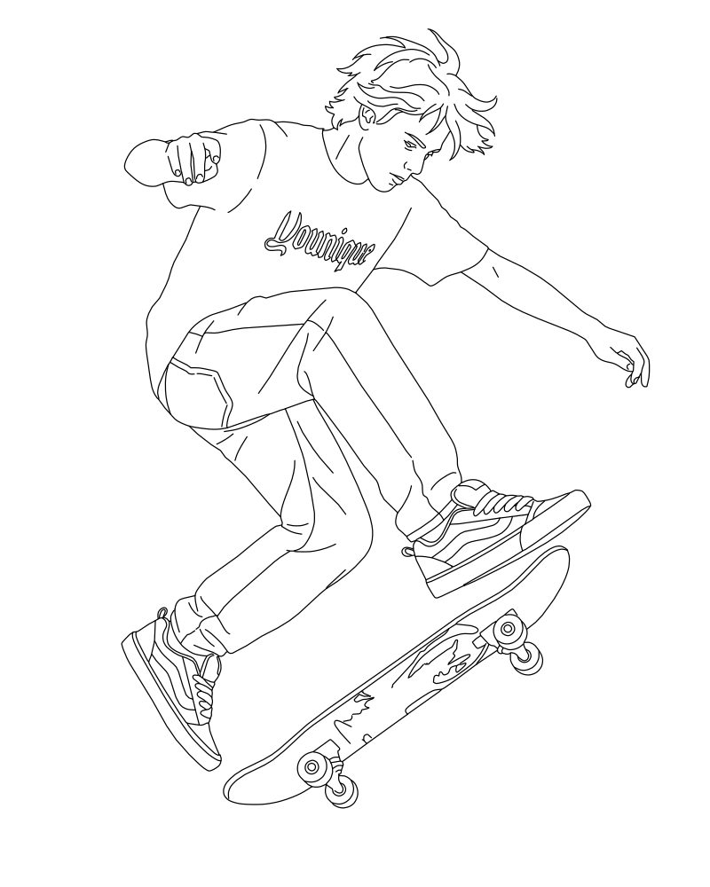 Skateboarder kickflip vector line drawing, figure airborne with angled deck, outstretched arms and branded T-shirt detail.