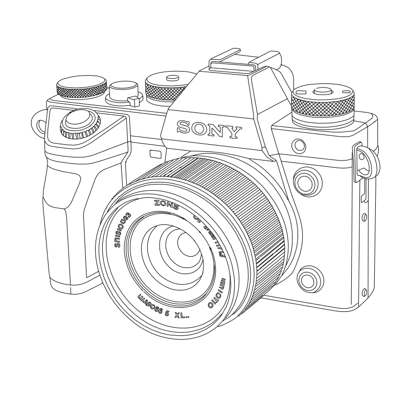 Sony mirrorless camera vector line drawing, zoom lens barrel with focus rings, pentaprism viewfinder and top-plate control dials.