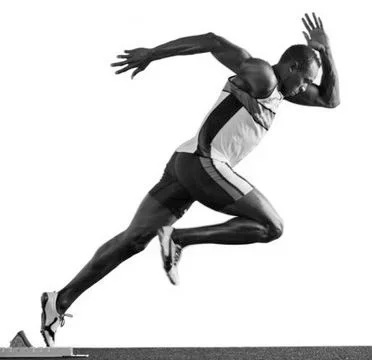 Original photo — Sprint start track athlete vector line drawing, arms extended, driving knee raised, and spiked racing shoes on starting blocks.
