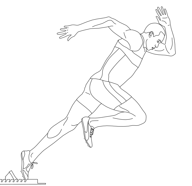 Sprint start track athlete vector line drawing, arms extended, driving knee raised, and spiked racing shoes on starting blocks.