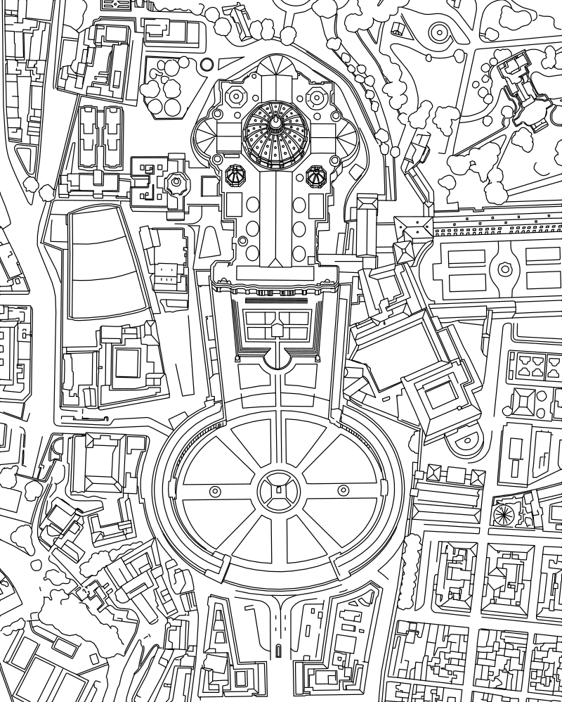 St. Peter's Square Vatican City vector line drawing, elliptical colonnade, central obelisk and basilica dome, for architectural reference.