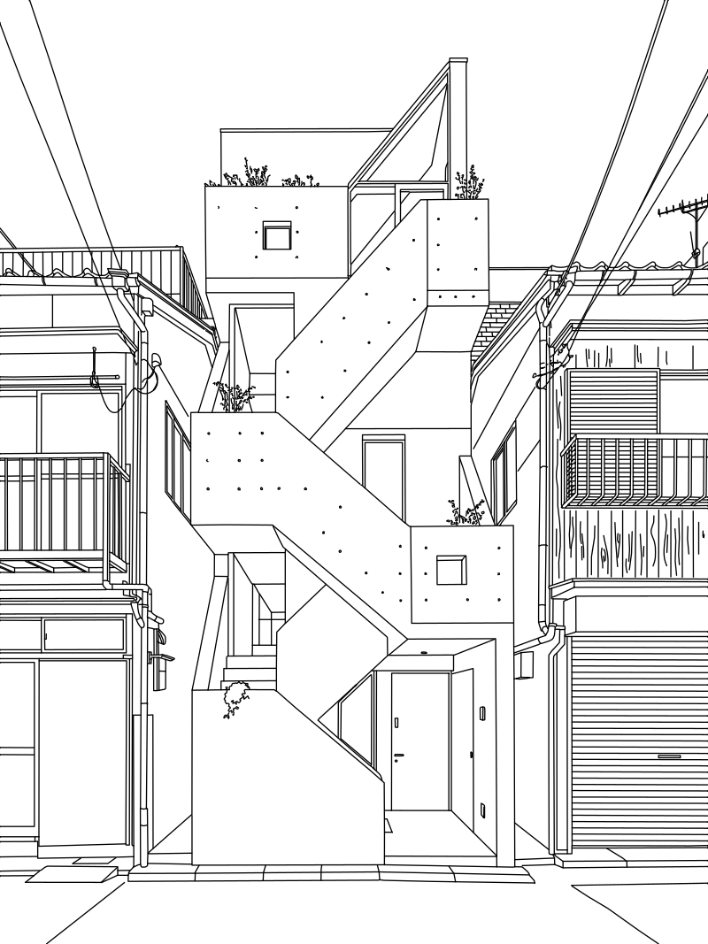 Tokyo stacked house facade vector line drawing, exterior zigzag staircase, stacked geometric volumes and recessed window openings at each floor.